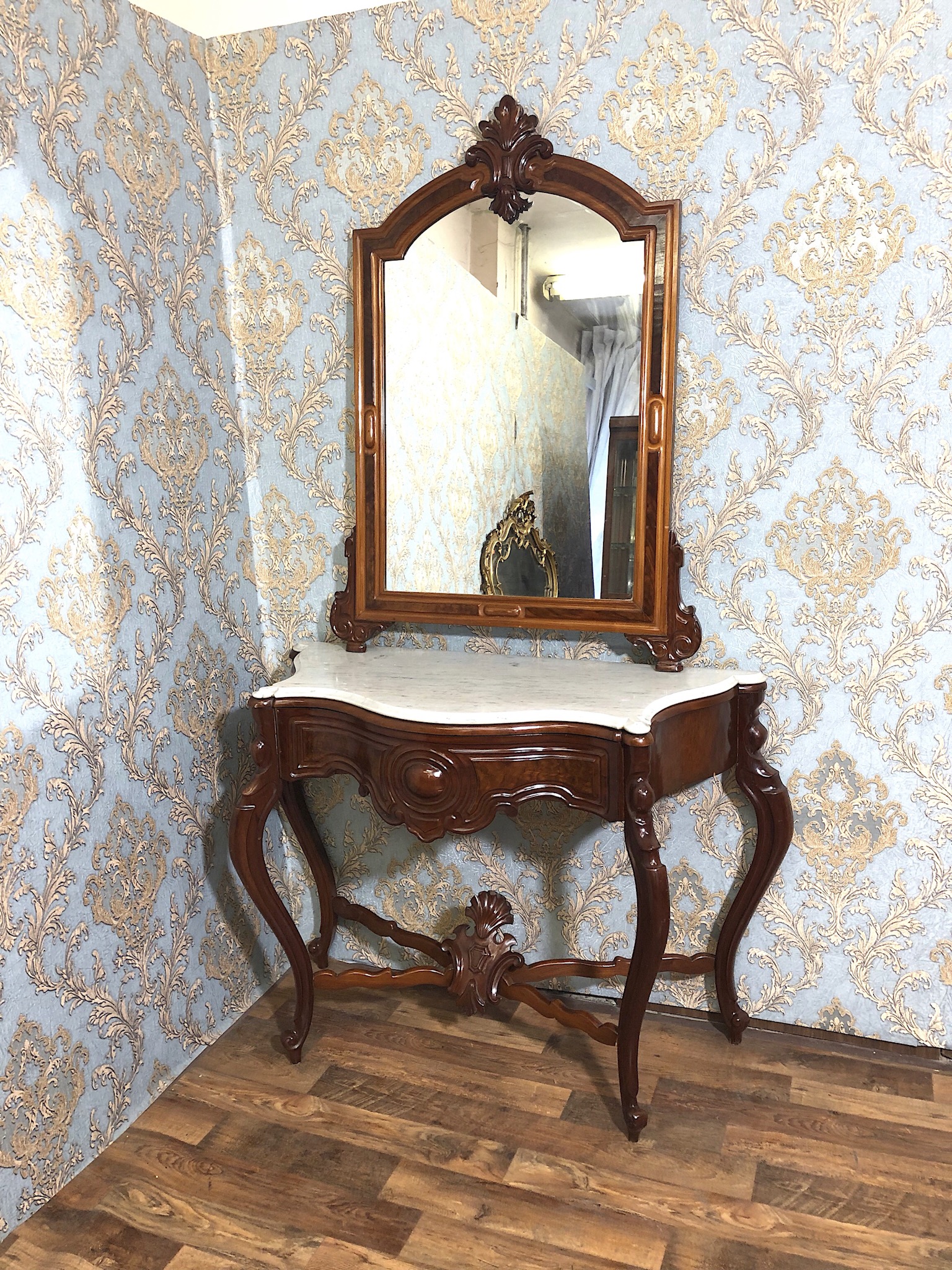 54079AF1-DCCE-4494-8501-84E6015C27E7 large antique mahogany console table and mirror set in louis xv style