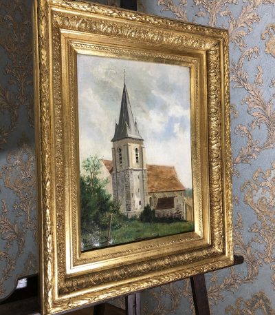 Maleri med kirke "Clocher de mortefontaine oise" - guldfarvet ramme, medium