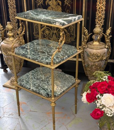 Three tier brass and green marble side table