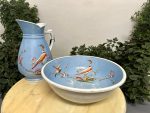 Antique Faience Bathroom Set – Jug and Bowl with Exotic Bird Motifs (4472) - Image 2