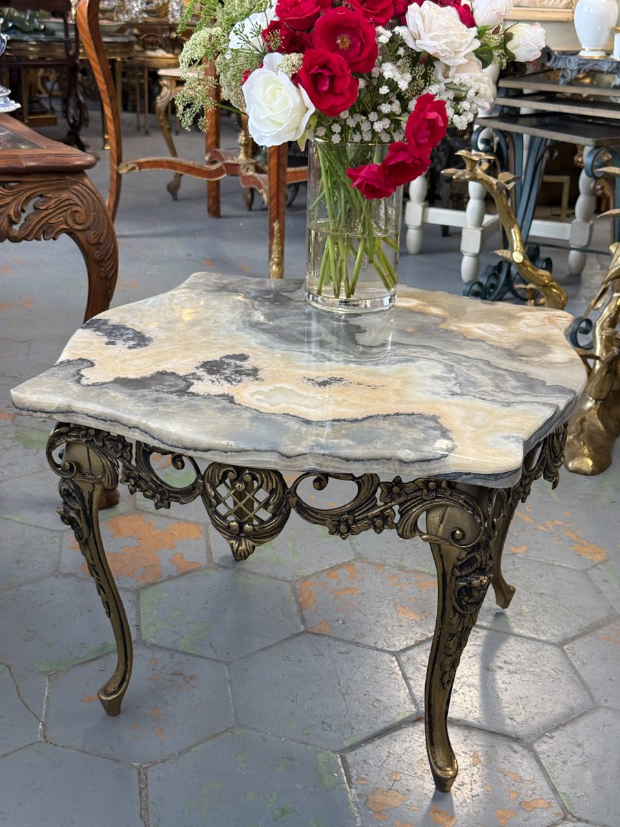 IMG_0188 Small ornate coffee table with onyx marble top and metal base