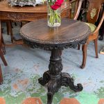 carved oak side table antique Napoleon III style round tripod accent table