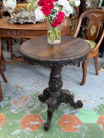 carved oak side table antique Napoleon III style round tripod accent table