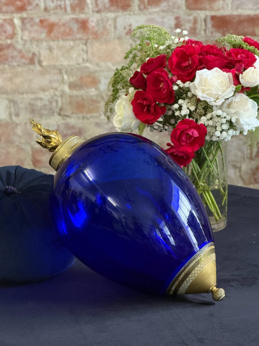 IMG_0367 Beautiful dark blue glass decor with ornate bronze mounts and a sculptural flame finial in Empire style.