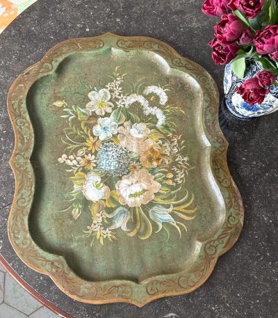 Antik Biedermeier metalbakke, håndmalet - midten af 1800-tallet