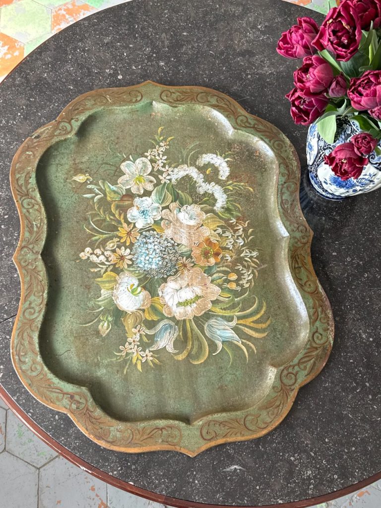 Antik Biedermeier metalbakke, håndmalet - midten af 1800-tallet