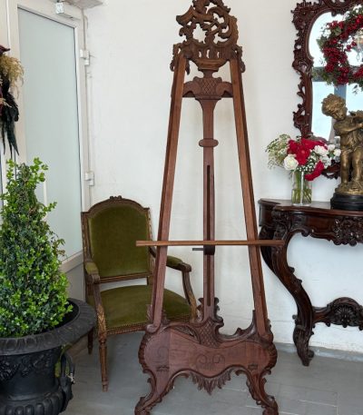Large antique style wooden artist easel with intricate carvings