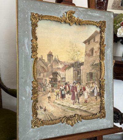 antique genre painting framed french street scene