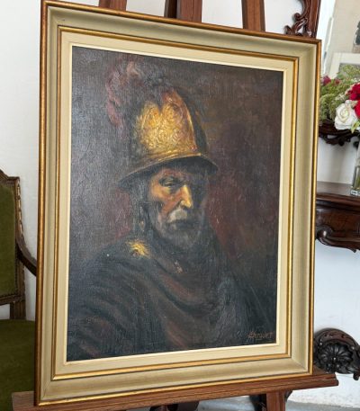 oil painting copy of rembrandt man in a golden helmet signed borguet