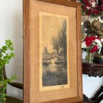 antique art engraving windmill landscape framed