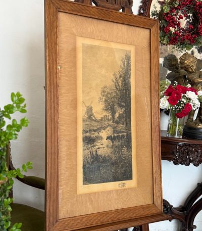 antique art engraving windmill landscape framed