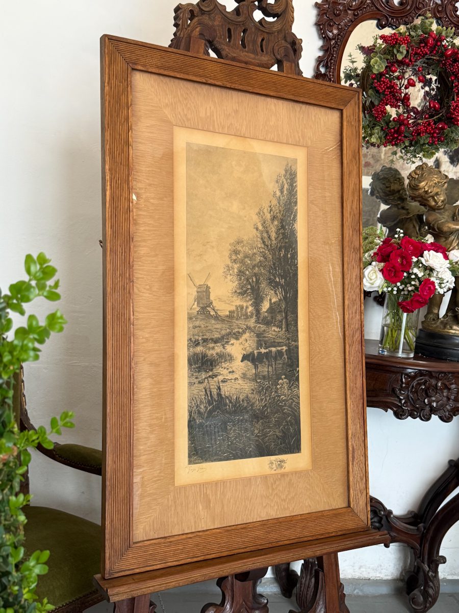 IMG_0719 antique art engraving windmill landscape framed