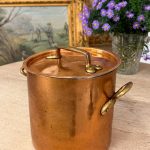 Antique french copper stockpot with lid and brass handles