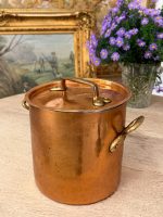 Antique french copper stockpot with lid and brass handles