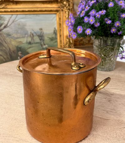Antique french copper stockpot with lid and brass handles