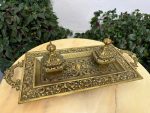 Antique brass inkstand desk set with dual inkwells neo-baroque style
