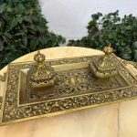 Antique brass inkstand desk set with dual inkwells neo-baroque style