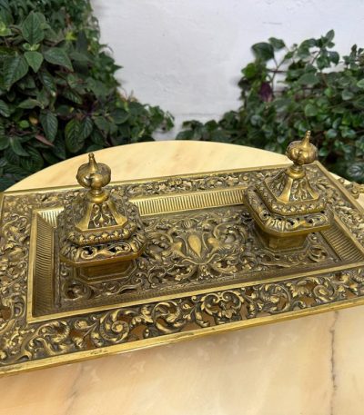 Antique brass inkstand desk set with dual inkwells neo-baroque style