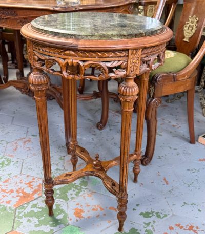 Medium round wooden side table with green marble top