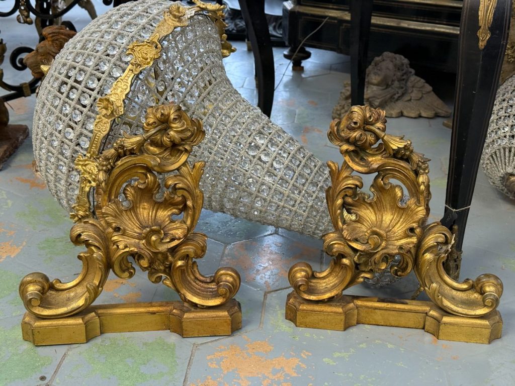 Forgyldt bronzepar ildhunde (chenets), Louis XV stil (6328)