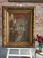 Oil Painting on Canvas ''Church Interior with a Nun'' — F. Autome, Belgium, c. 1880–1920 (6295)
