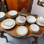 vintage scherzer bavaria germany white porcelain dinner service set with wide gold band pattern