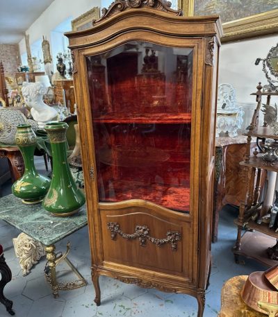 antique french rococo style wooden display cabinet vitrine red velvet interior carved details