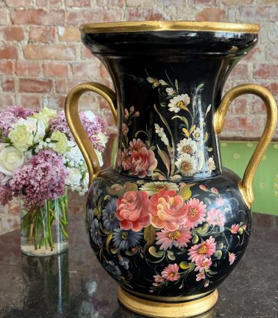 large antique black terracotta vase with hand painted romantic floral decor and gold handles