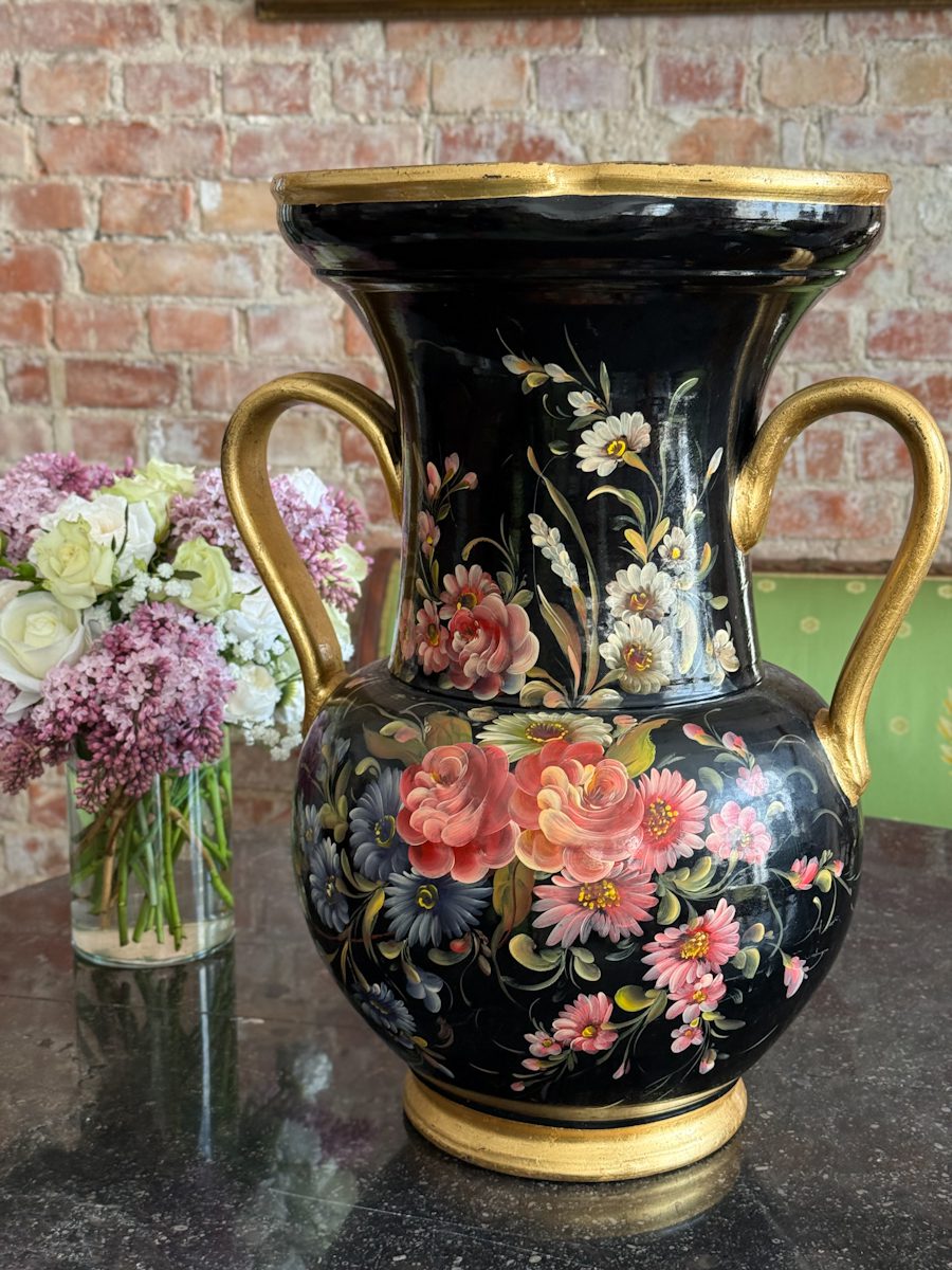 IMG_1040 large antique black terracotta vase with hand painted romantic floral decor and gold handles