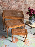 Luxurious Wooden Flower Table Set (3 pcs) with Cane and Glass - Louis XV Style, (6363) - Image 2