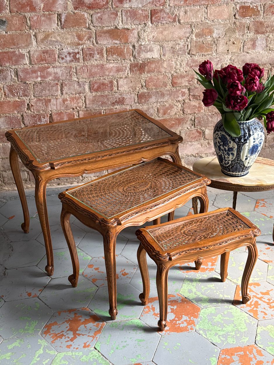 IMG_1098 antique wooden nesting tables with caned glass tops set of three