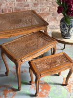Luxurious Wooden Flower Table Set (3 pcs) with Cane and Glass - Louis XV Style, (6363) - Image 4
