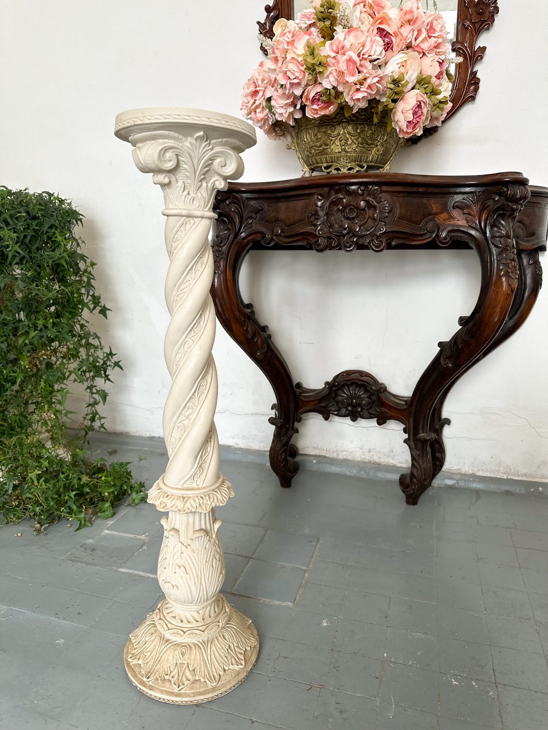 IMG_1168 White cast stone pedestal column with spiral twist shaft and Corinthian acanthus capital