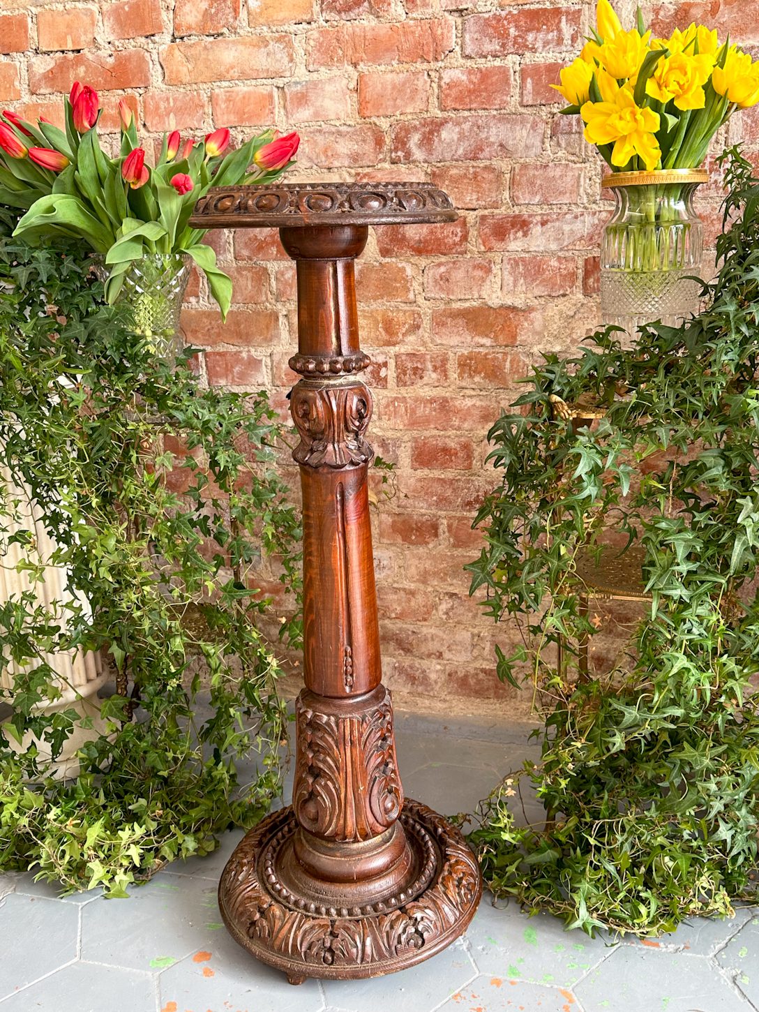 IMG_1233 Carved walnut plant stand pedestal column with acanthus capital and round base