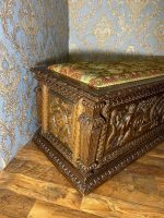 Renesanses Cassone Koka Lāde ar Putti Kokgriezumiem un Needlepoint Gobelēnu — Neo-Renesanse, Itālija, 19.gs. (287) - Image 10