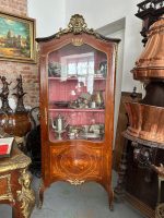 Antique marquetry vitrine cabinet in Louis XV style with bronze mounts