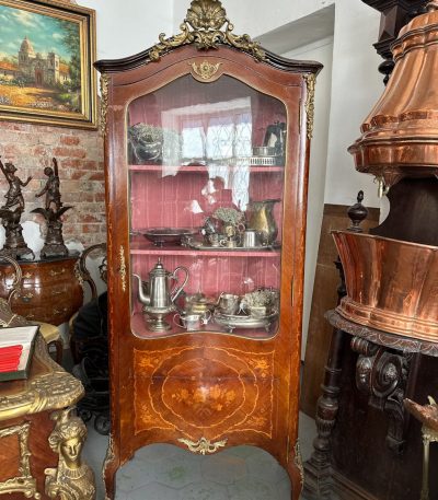 Antique marquetry vitrine cabinet in Louis XV style with bronze mounts