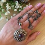 antique 925 sterling silver statement pendant necklace with faceted violet amethyst stone