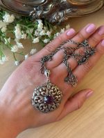 antique 925 sterling silver statement pendant necklace with faceted violet amethyst stone