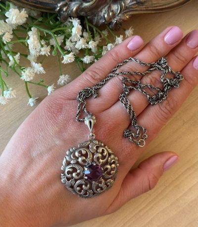 antique 925 sterling silver statement pendant necklace with faceted violet amethyst stone