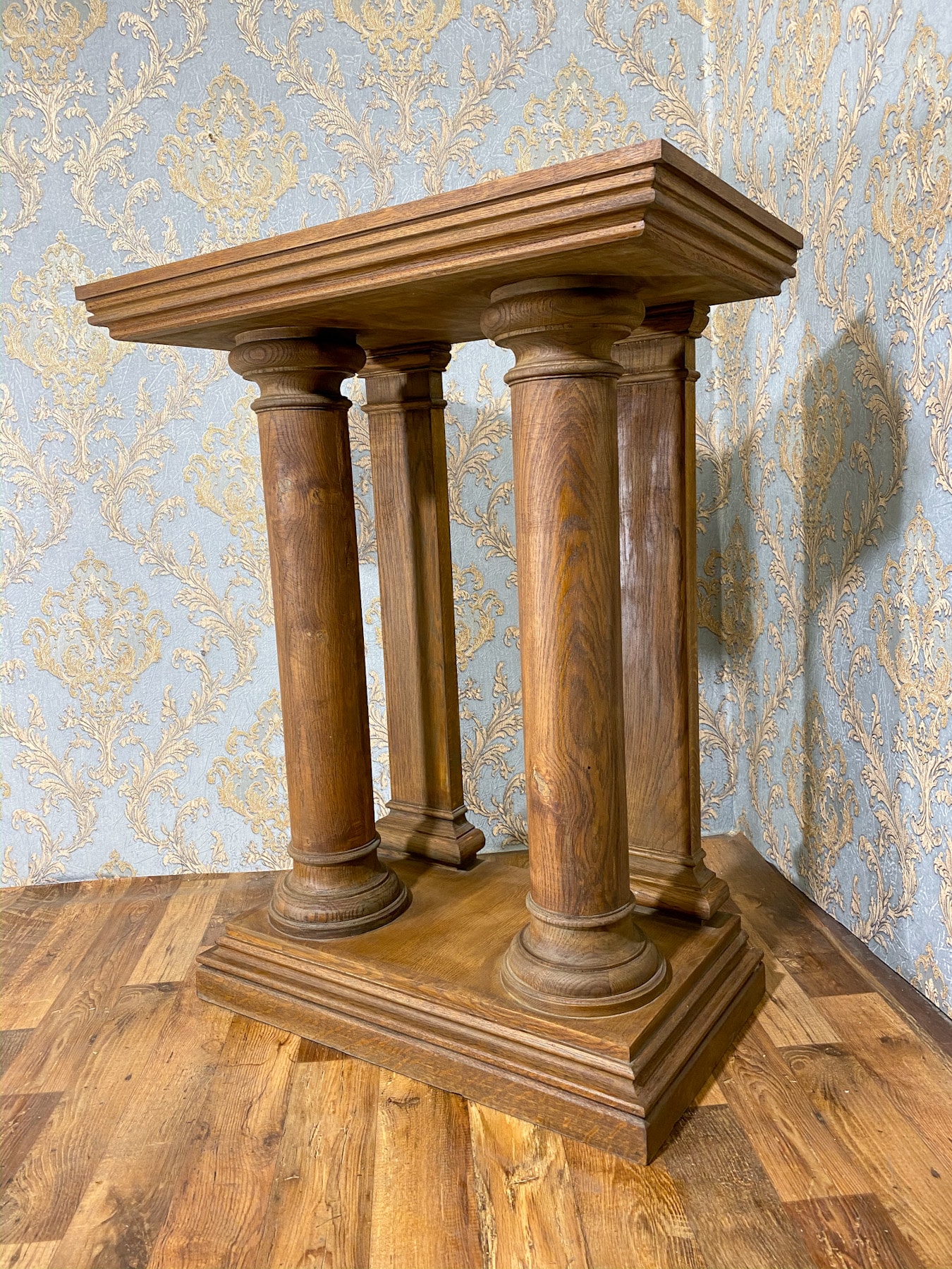 oak column console table with six columns