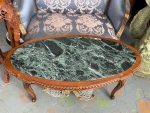 Antīks ozolkoka kafijas galdiņš ar zaļu marmora virsmu — Luija XV stilā (antique oval marble coffee table) (6418) - Image 2