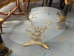Antīka stila misiņa kafijas galdiņš ar putnu un ziedu motīviem — Japonisma stilā (brass twig glass coffee table) (6366)