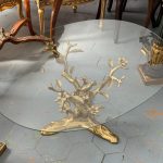 Antīka stila misiņa kafijas galdiņš ar putnu un ziedu motīviem — Japonisma stilā (brass twig glass coffee table) (6366)