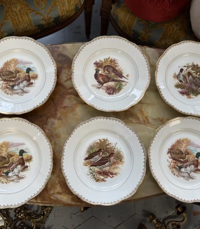 Vintage porcelæns tallerkener med fuglemotiv, 6 stk.