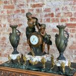 antique mantel clock garniture set with bronze and marble