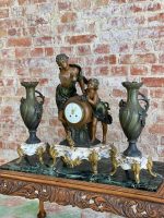 antique mantel clock garniture set with bronze and marble