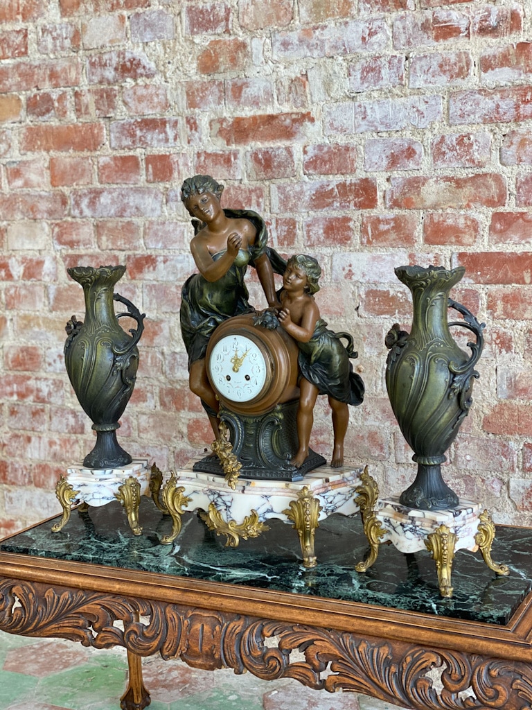 IMG_2099 antique mantel clock garniture set with bronze and marble