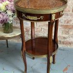 Antique Louis XV style mahogany side table with floral marquetry inlay and bronze mounts