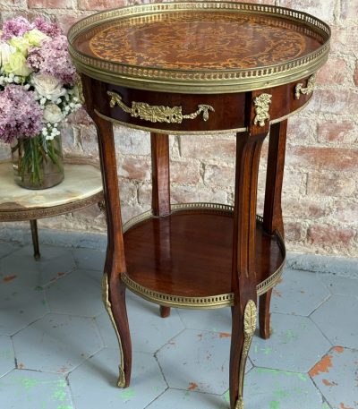 Antique Louis XV style mahogany side table with floral marquetry inlay and bronze mounts